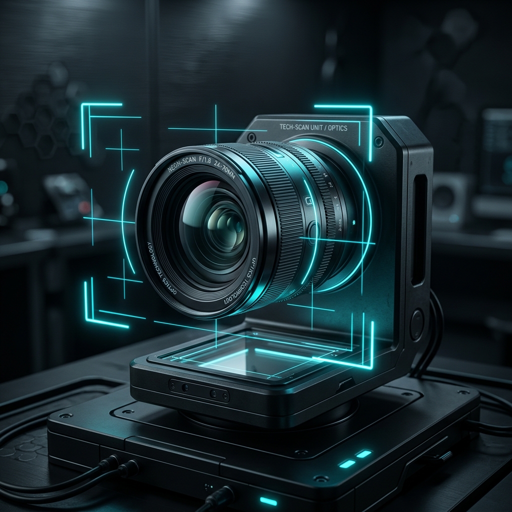 A high-tech minimalist dark concept of a camera lens and scanner element with neon cyan digital cropping/clipping bounding lines indicating image extraction.