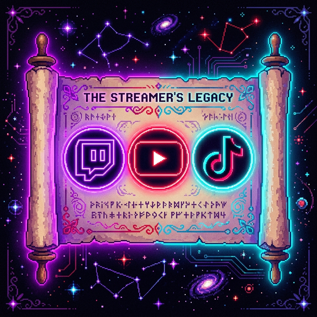 A retro pixel art illustration of a glowing scroll with Twitch, YouTube, and TikTok logos in neon cyan, red, and purple glows.